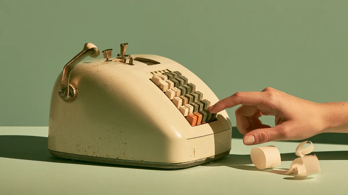 Vintage cream adding machine with a hand pressing a key, representing the Happy Money loan calculator — Happy Money personal loans.