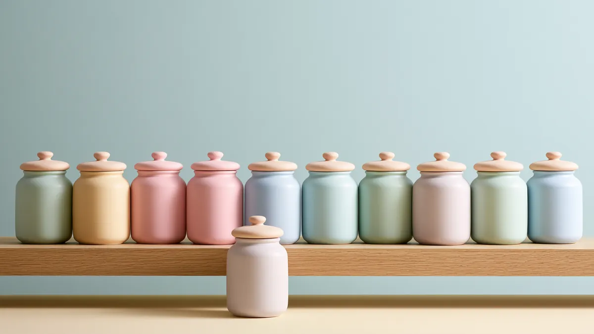 Twelve identical pastel ceramic jars lined up on a shelf, representing equal installment payments on a Happy Money loan — Happy Money personal loans.